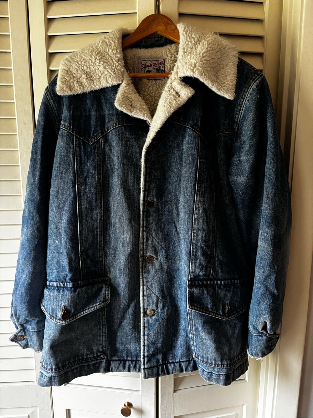 Vintage Lee Storm Rider Sherpa Linen Denim Trucker Jacket Blue Jean Western Ranc